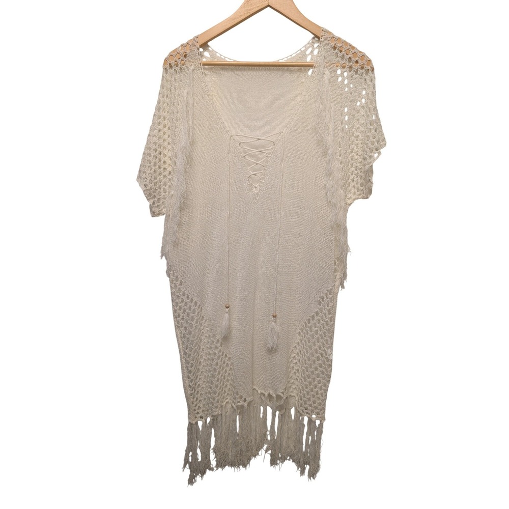 White Crochet Fringe Lace Up Boho Beach‎ Coverup Dress Resortwear Bridal Coastal